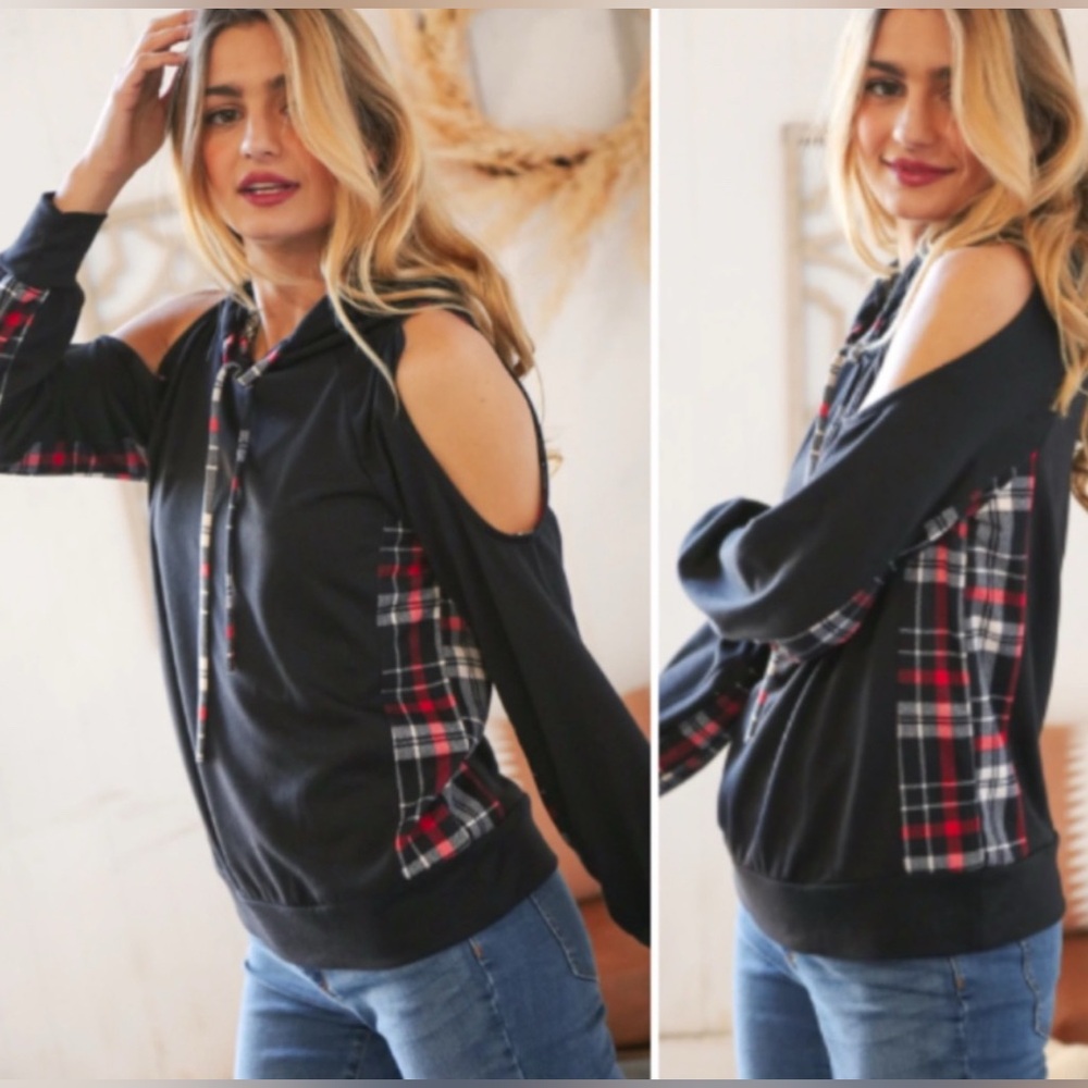 Cold Shoulder Hoodie with plaid trim